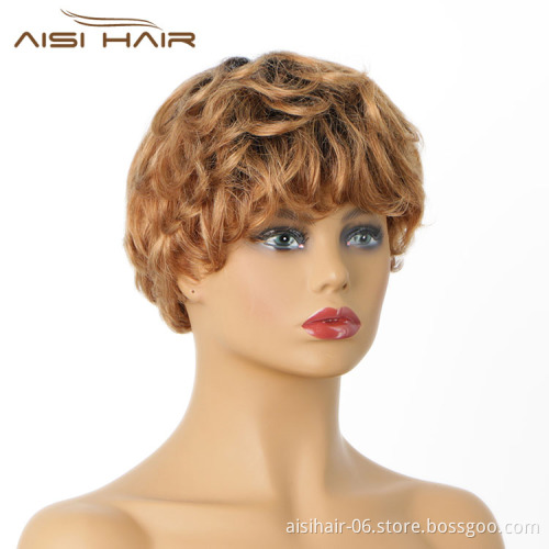 Aisi Hair Glueless Natural Kosher Wigs Brazilian In Dubai 150% Density Ombre Brown Pixie Cut Curly Wave Wig Human Hair